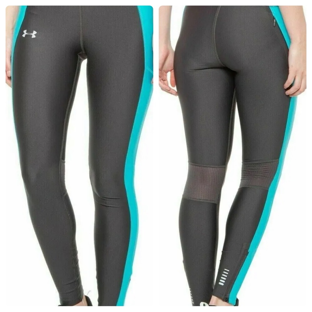 UNDER ARMOUR Mileage Heatgear Compression Tights LARGE Gray/Aqua Blue EUC